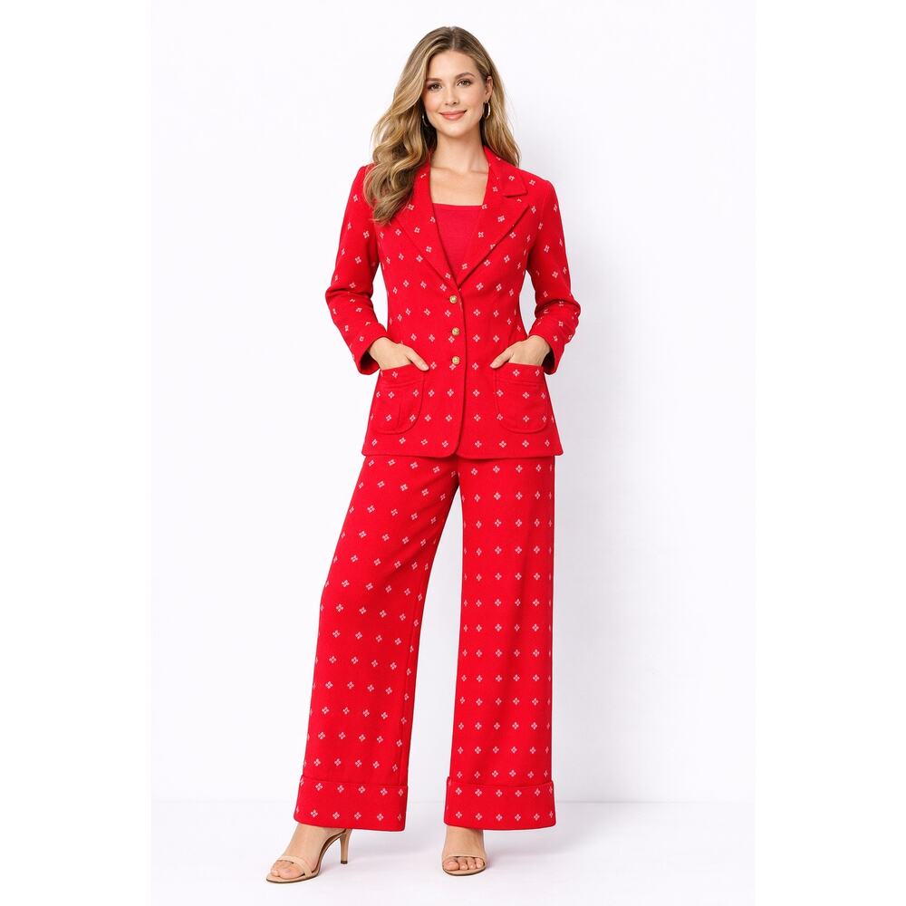 1980s Fire Islander Red Nautical Knit Pant Suit Set Medium